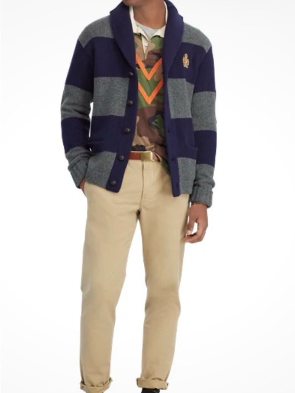 Polo Ralph Lauren Mens Navy Gray Striped Shawl-Collar Cardigan 100% Merino Wool - Picture 2 of 14